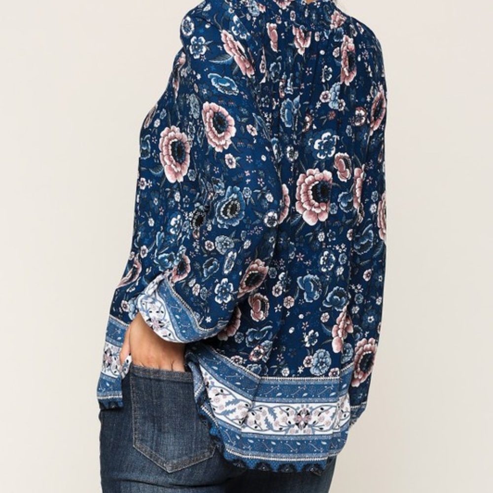 Blue Boho Floral Print Puff Sleeve Peasant Blouse - Picture 5 of 14